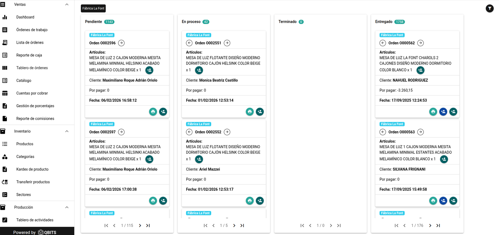 Tablero Kanban de órdenes de trabajo en Q Sales
